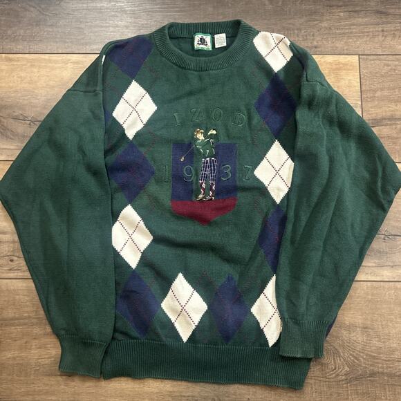 Vintage IZOD Golf Knit Sweater Men’s Large Green Embroidered Spell Argyle Retro - Picture 1 of 6